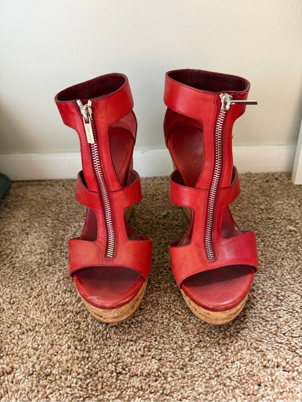 Jimmy Choo Red Leather Cork-Platform Zip Sandals